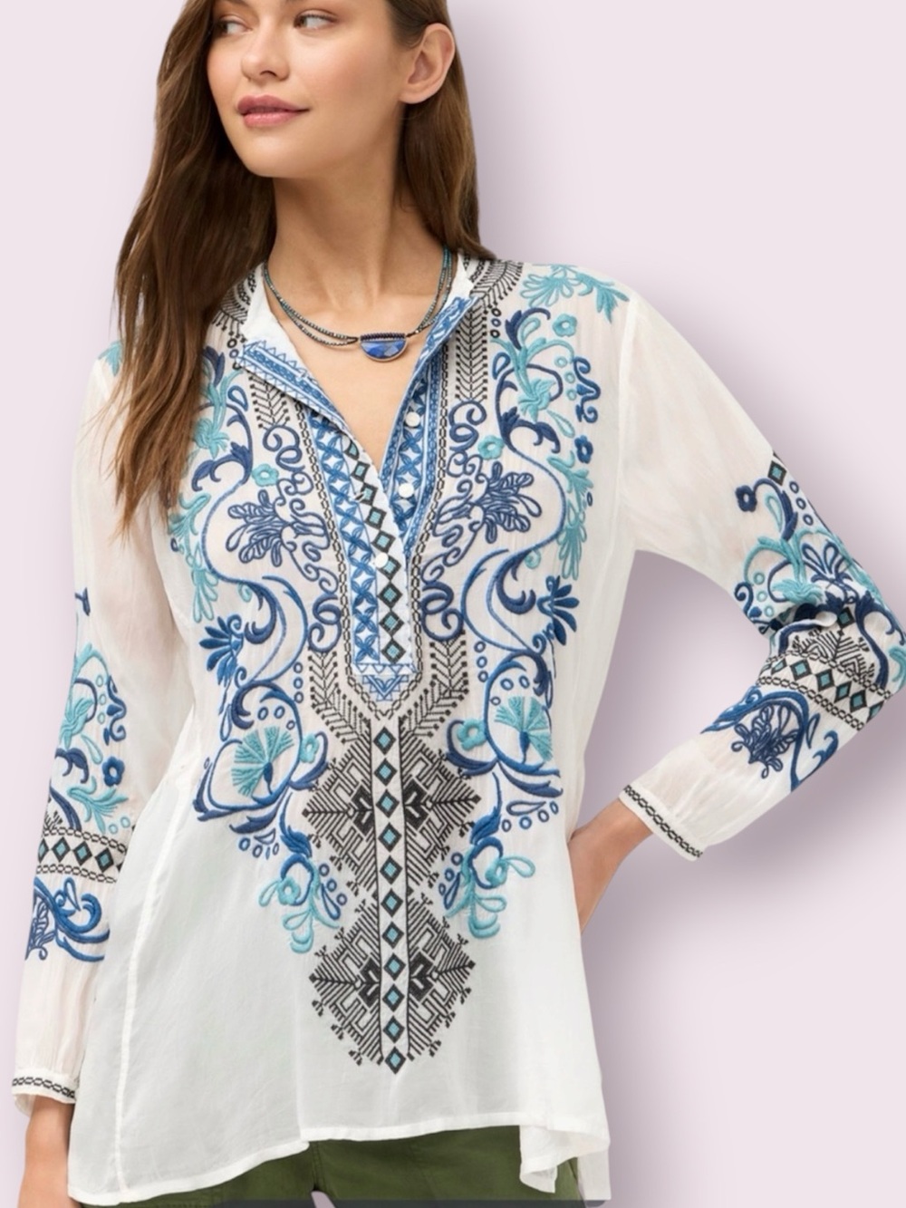 Johnny Was Biya Platinum Poetry Boho Embroidered Tunic Top White Size XS